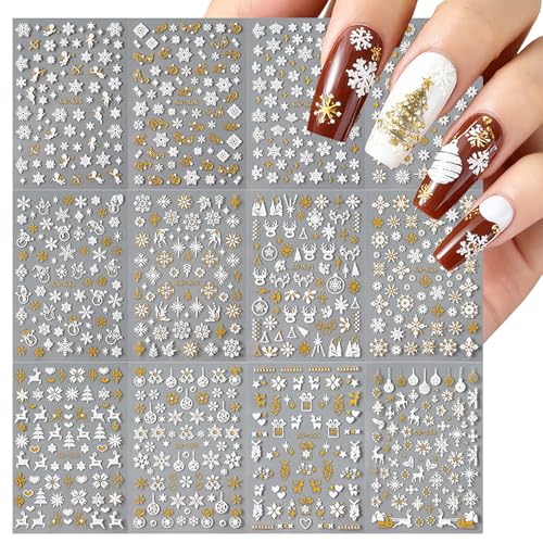 Christmas Snowflake Nail Art Stickers 12 Sheets Embossed Self-Adhesive Decals