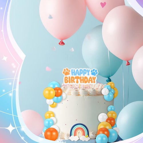 30 Pcs Blue Rainbow Cake Toppers with Blue Orange Ball Happy Birthday Cake Toppers for Birthday Wedding Party Supplies