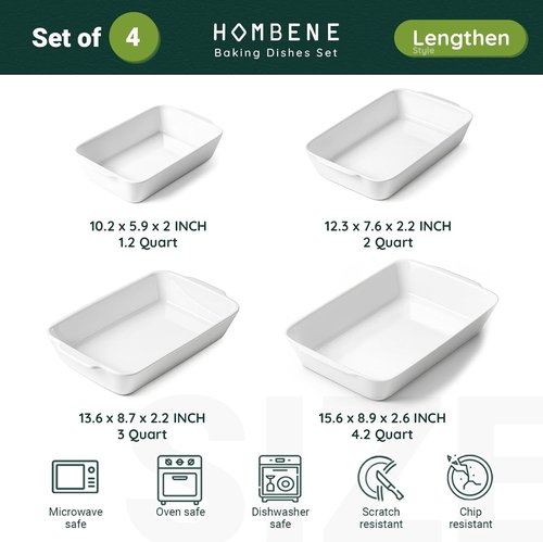HOMBENE Ceramic Baking Dish Set - Oven Safe Casserole Dishes with Handles | 1.2QT, 2QT, 3QT, 4.2QT