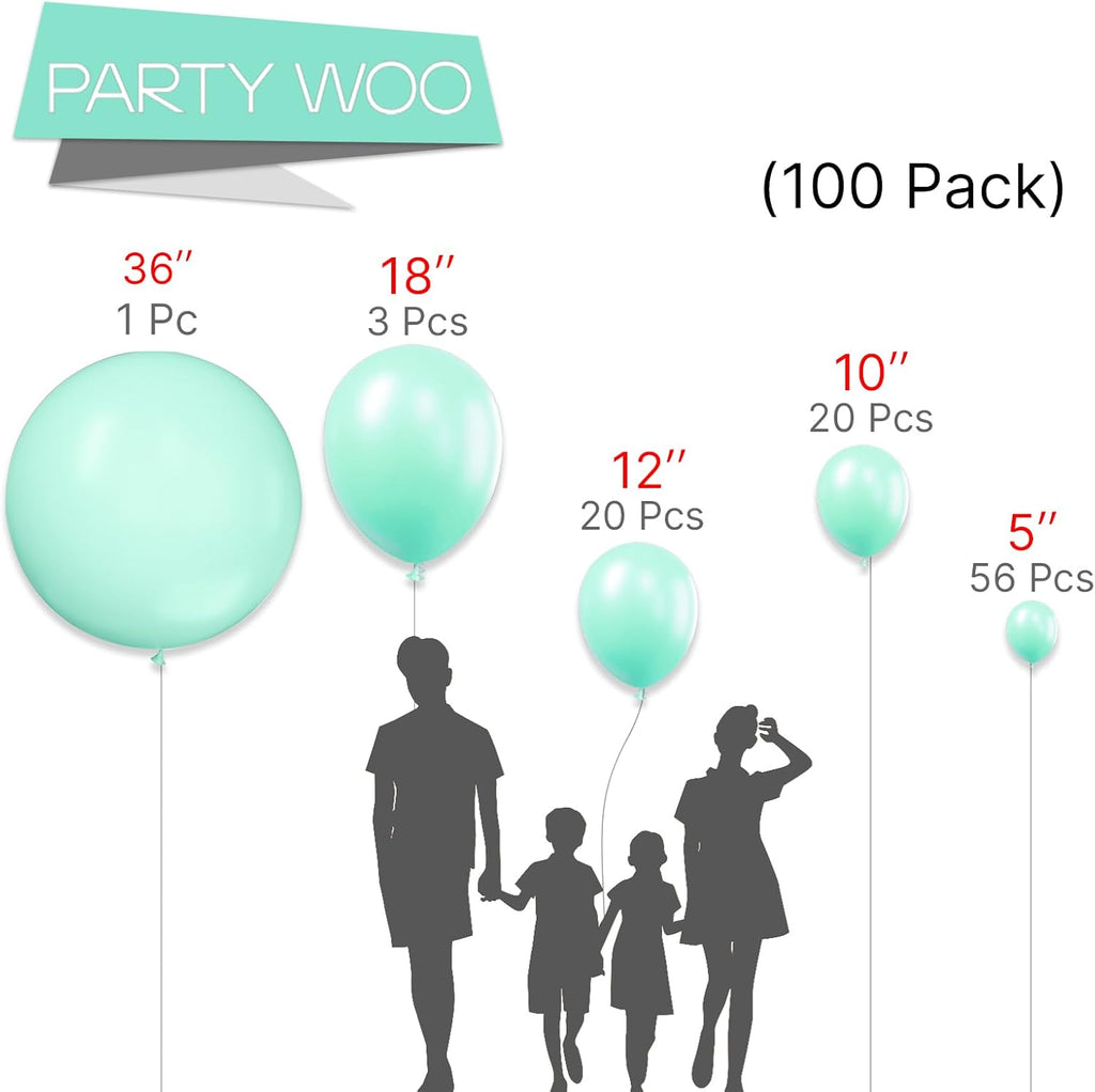 PartyWoo Mint Balloons - 100 Pcs Pastel Teal in Various Sizes for Stunning Balloon Garlands & Arches