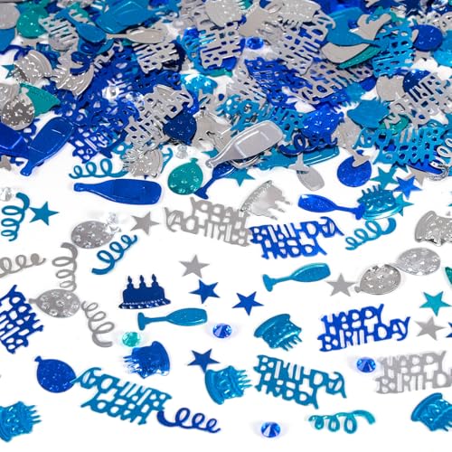 Blue and Silver Happy Birthday Confetti, 3000 Pcs Metallic Foil Table Scatter