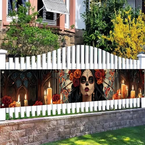 BlissYard Day of the Dead Fence Banner Sugar Skull Decor 118x20 In