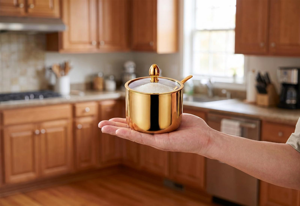 Phininia Coffee Bar Accessories Sugar Container with Glass Lid and Spoon, 10oz Gold Sugar Bowl for Kitchen Storage, Sugar Jar for Salt, Candy, Coffee Bean, Gold