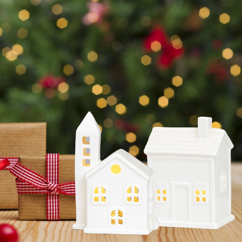 Regine Switzerland Christmas Village Houses - White Ceramic Set with Illumination & Remote Control | Rustic Holiday Decor for Tabletop Display