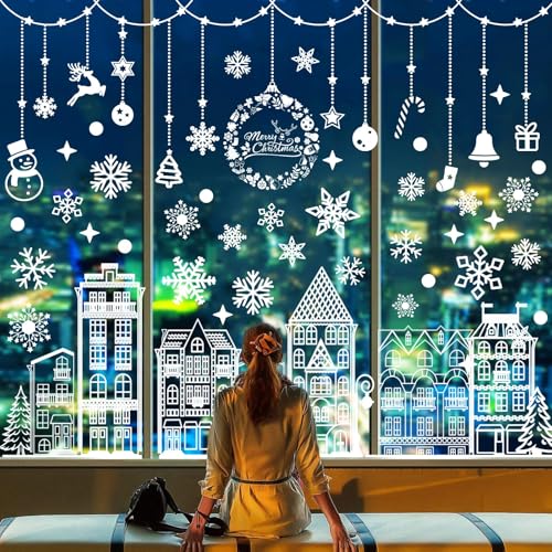 115PCS Christmas Window Clings Snowflake Village Winter Wonderland Decor