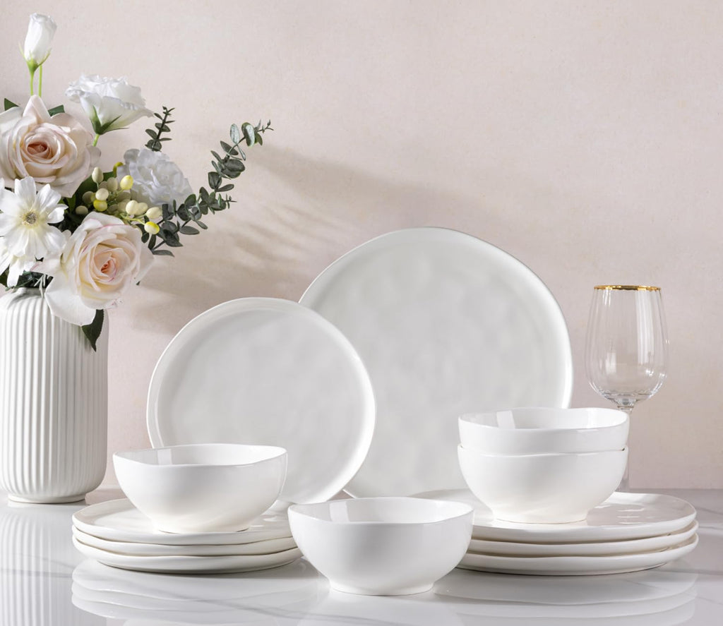 GBHOME Ceramic Dinnerware Sets for 4, 12 Pieces Porcelain Lightweight Plates and Bowls Sets, Scratch Resistant Dish Set, Oven & Microwave & Dishwasher Safe, Angel White