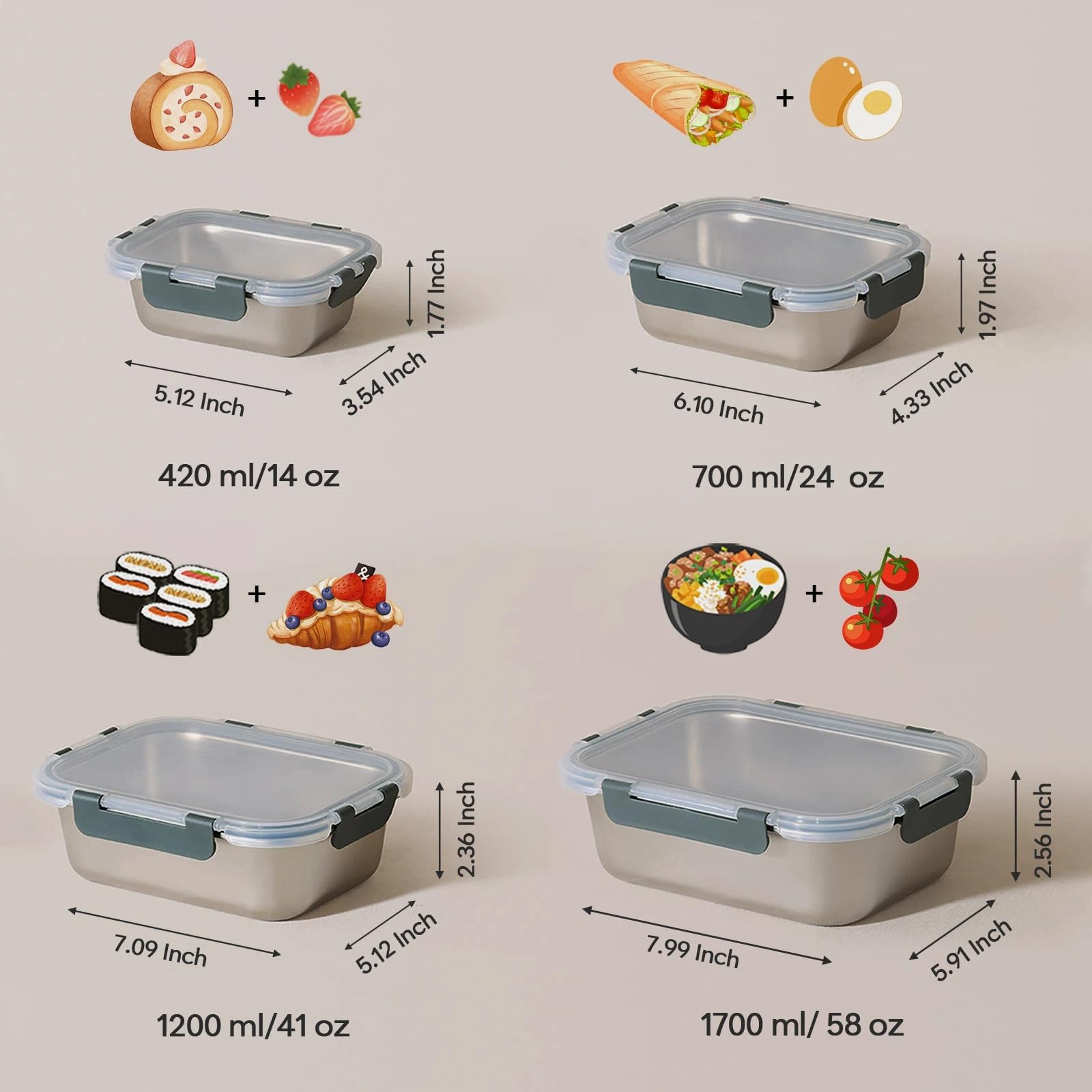 Cuiselect 8 PCS Stainless Steel Lunch Box, 4-Size (58/41 /24 /14Oz) Stackable Metal Bento Boxes BPA Free Dishwasher Safe, Food Storage Containe, Leakproof Reusable Meal Storage for Work,Travel (Gray)