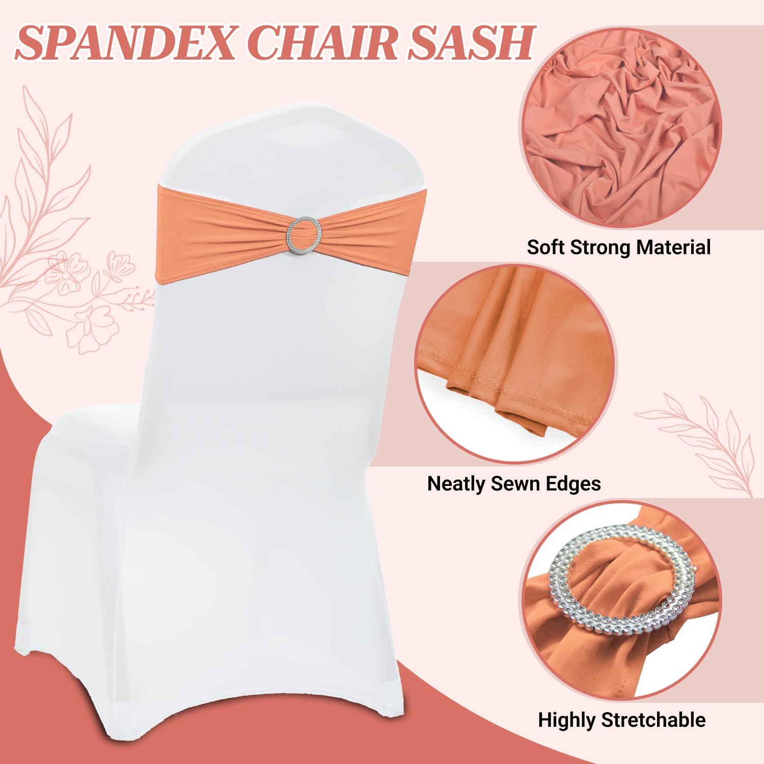 MDS Spandex Chair Sashes - Premium Stretch Bow Covers with Buckle Slider | Universal Fit - Peach (Pack of 25)