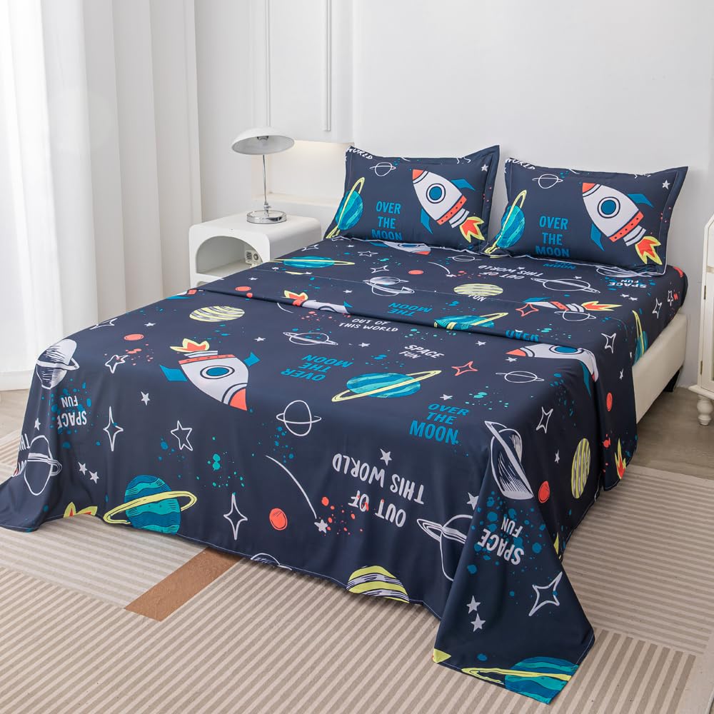 Megamayga Space Sheets Queen Size for Boys Kids 4 Pieces Outer Space Bed Sheets 3D Space Rocket Planets Bedding Set for Teens Boys Space Theme Bedding Set Galaxy Stars Bed Sheet Set Room Home Decor