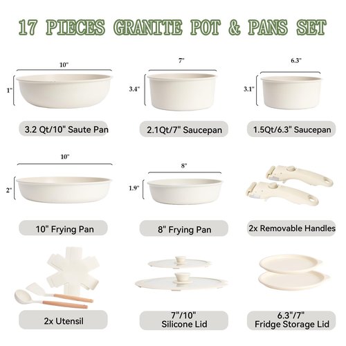 17Pcs Pots And Pans Set Nonstick with Detachable Handle, Non Stick Cookware,Granite Kitchen Pots And Pans Induction Rv Cookware Set, Oven And Dishwasher Safe