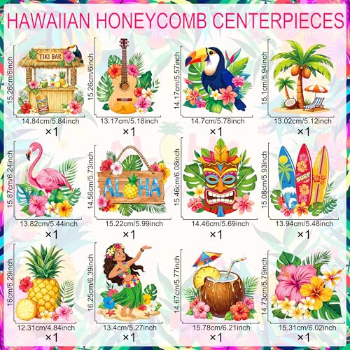Hawaiian Luau Party Decorations - Tropical Honeycomb Centerpieces, 12 Pcs
