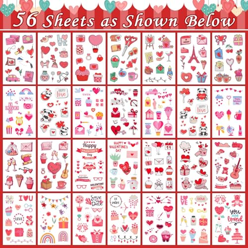 Partywind 56 Sheets Kids Valentine's Day Temporary Tattoos