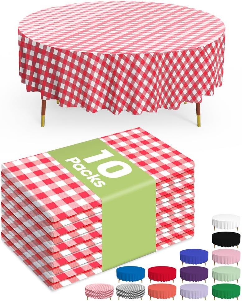 Pureegg Disposable Plastic Tablecloths - 84'' Round Gingham Design, Leakproof & Sturdy, Red/White Checkered (10 Pack)