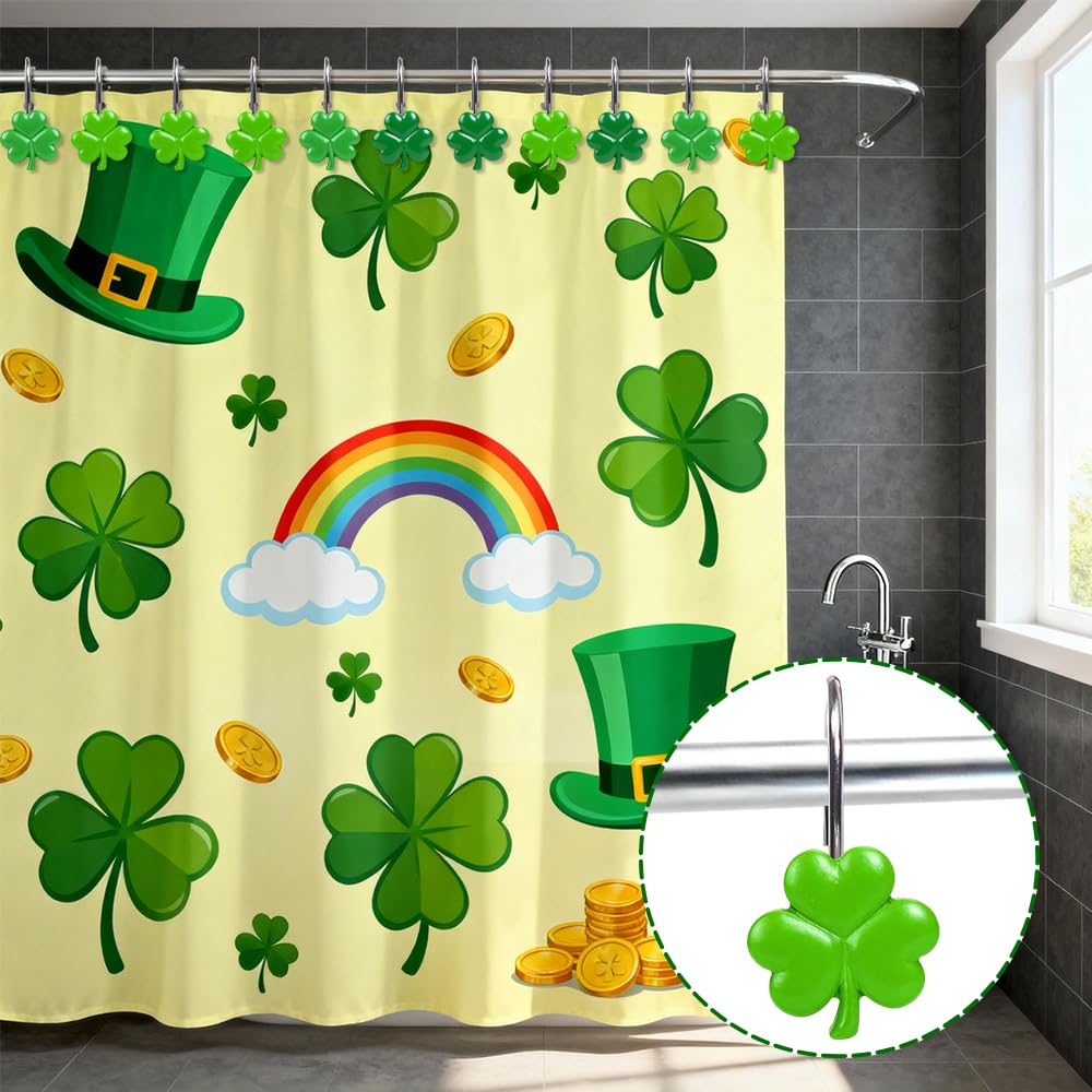 BAISDY 12pcs St Patricks Day Shower Curtain Hooks Irish Shamrock Curtain Rod Rings Curtain Hanger Hooks