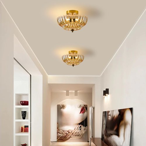 Glass Semi Flush Ceiling Lights - 12 in Vintage Mid Century Modern Lighting Fixture - Drum Unique Art Deco Amber Mount Light Fixtures for Hallway Entry Way Hall Kitchen Dining Laundry Room Foyer Porch