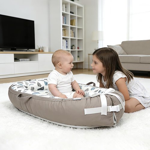 Infant Support Cushion - Reversible & Adjustable Baby Support Mat for Tummy Time | Soft, Breathable, Washable Cover | Grey Leaves