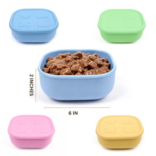 2ME Airtight Pet Wet Food Storage Containers with Lids (4-Pack, 12oz) - Silicone Meal Prep Kit for Dog & Cat Food - Freezer, Microwave & Dishwasher Safe - with Stainless Steel Scoop