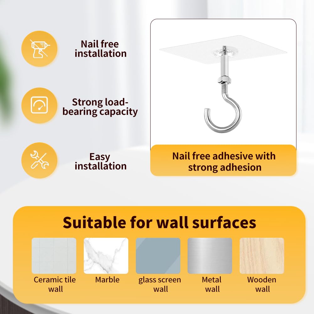 YOSINXU 4 Pack Adhesive Ceiling Hooks, 30lbs Heavy Duty Ceiling Hooks for Hanging Plants, No Drilling Wall Hook Sticky Hanger for Hanging Lights, Wind Chimes, Lantern