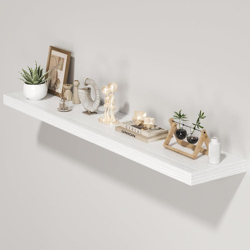 FLYJOE Floating Wall Shelves - 55"W Wooden Display Shelf with Invisible Brackets | White, Ideal for Living Room & Bedroom