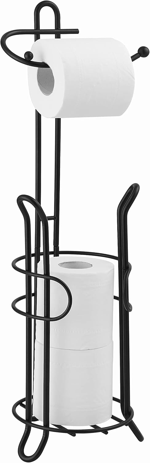 SunnyPoint Freestanding Toilet Paper Holder - Heavy-Duty Steel, Holds 3 Spare Rolls, Black Finish