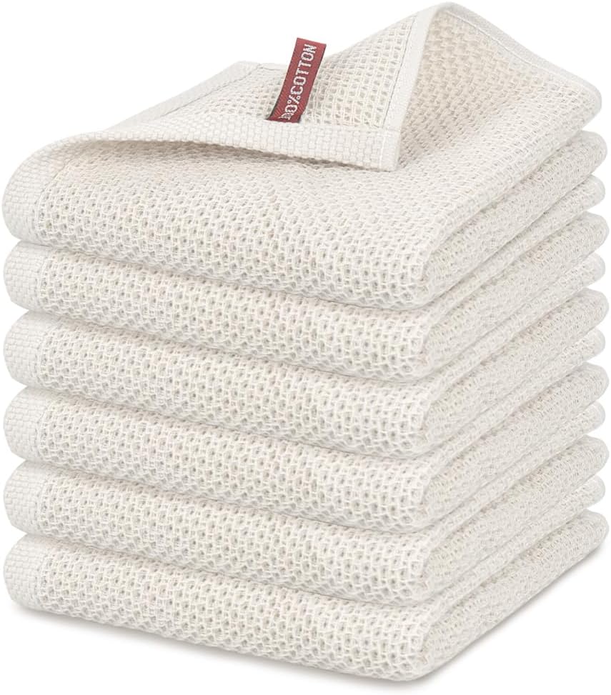 Nialnant Kitchen Towels - 100% Cotton Waffle Weave, Extra Soft & Absorbent | 6 Pack, 13 x 28 Inch, Beige