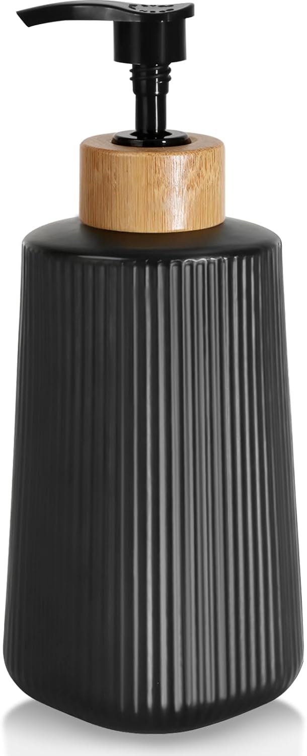 Skiennix Glass Soap Dispenser - Thickened 12oz Hand Soap Bottle for Bathroom & Kitchen | Modern Black Design