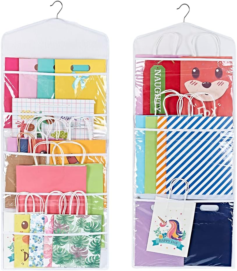 Primode Gift Bag Organizer - Double-Sided Hanging Storage with Multiple Pockets | 38 x 16 Inch (White)