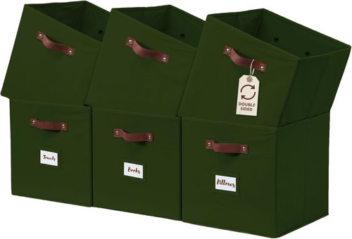 DECOMOMO Storage Cubes - 13x13x13 Fabric Organizer Bins with Labels | Set of 6 in Olive Green