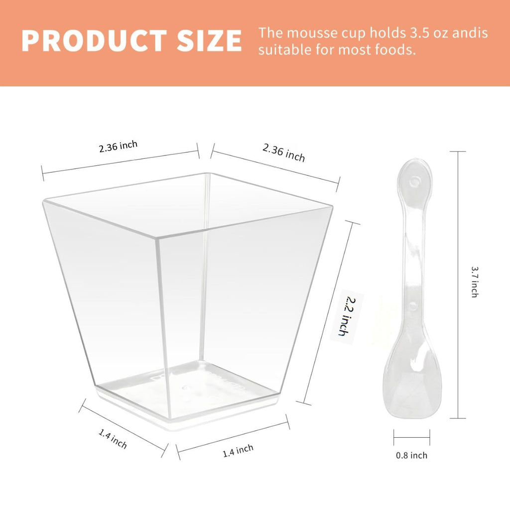 piopiocoing 50 Pack 3.5 oz Clear Plastic Square Dessert Cups with Spoons，Mini Disposable Parfait Cups for Yogurt, Ice Cream and Tasting，Serving Cups for Appetizer，Pudding，Party (3.5 oz)