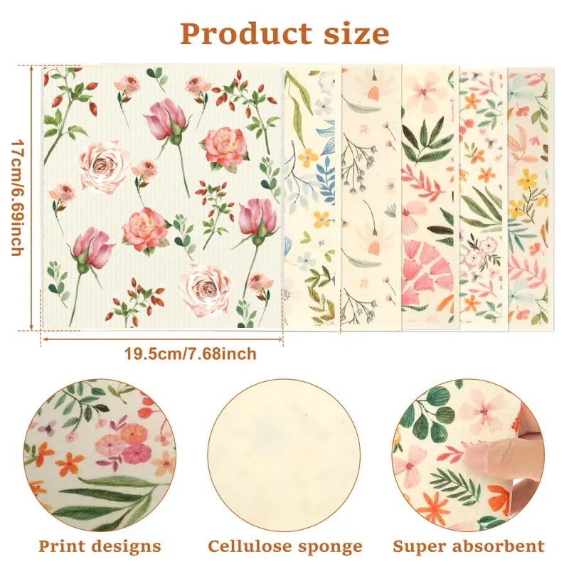 Swedish Dishcloths - 6 Pack Reusable Floral Cleaning Towels for Kitchen