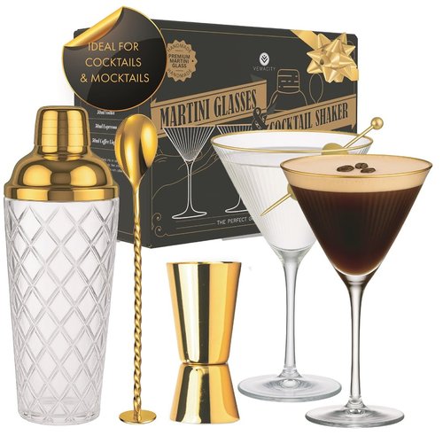 VEMACITY - Luxury Cocktail Shaker Set - Gold Glass Cocktail Shaker with Built-In Strainer + 2 Ribbed Espresso Martini Glasses with Gold Rims, Bar Spoon & Jigger | Ideal for Home Mixology