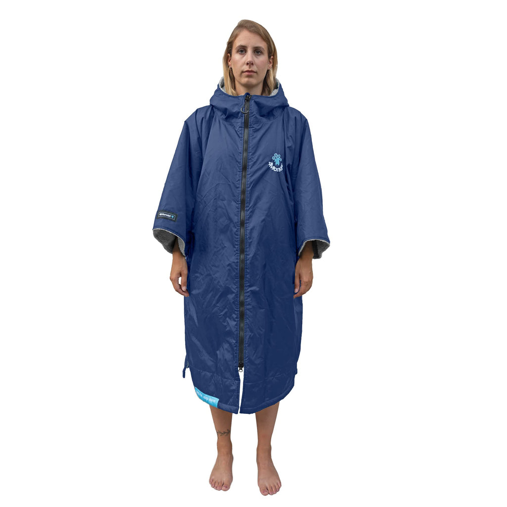 4MonsterSwim Parka with Hood,Quick-Dry Wetsuit Changing Robe Waterproof,Warm Coat Surf Poncho for Water Sport, Beach&Pool (Short Sleeve Navy, X-Large)
