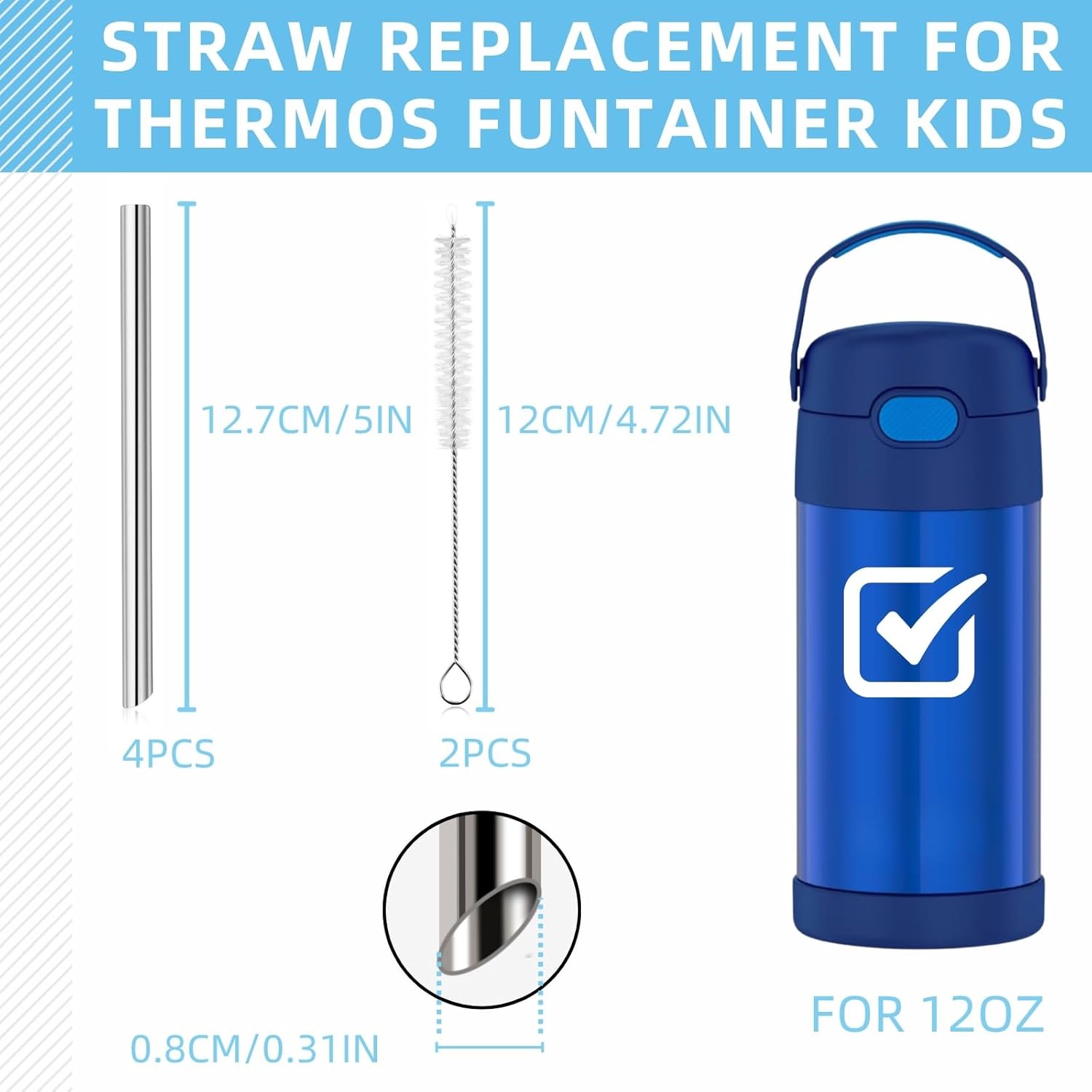THERMOS Replacement Metal Straws - Reusable Stainless Steel for 12 Ounce FUNtainer | 4 Straws + 2 Cleaning Brushes
