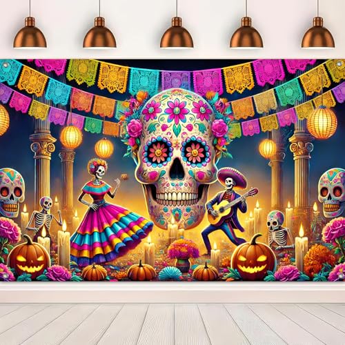 BlissYard Day of the Dead Banner 71x43 Inch Sugar Skull Backdrop