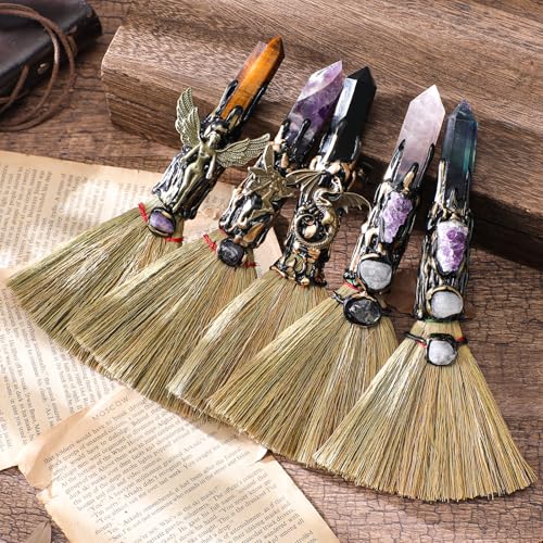RENEMEGO Fluorite Witchcraft Broom - Wiccan Decor with Healing Crystals