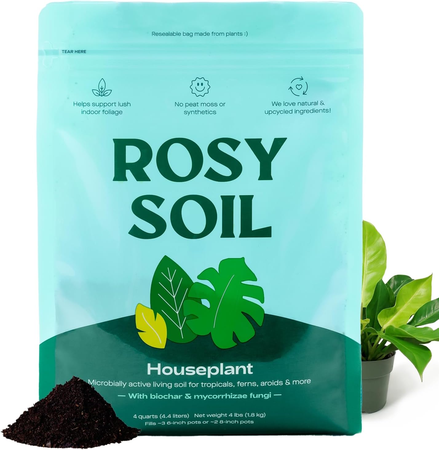 Rosy Soil Indoor Potting Soil - Organic Mix Enriched with Biochar for Healthy House Plants | Peat-Free, 4qt