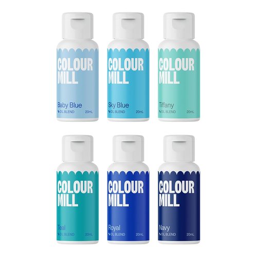 Colour Mill Oil-Based Food Coloring - 6 Vibrant Colors (Baby Blue, Navy, Royal, Sky Blue, Teal, Tiffany) - 20ml Each