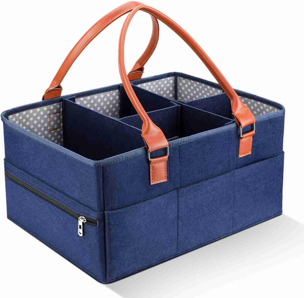 Marhynchus Large Portable Nappy Storage Basket - Felt Fabric Baby Diaper Caddy with Detachable Divider | Navy for Nursery & Travel