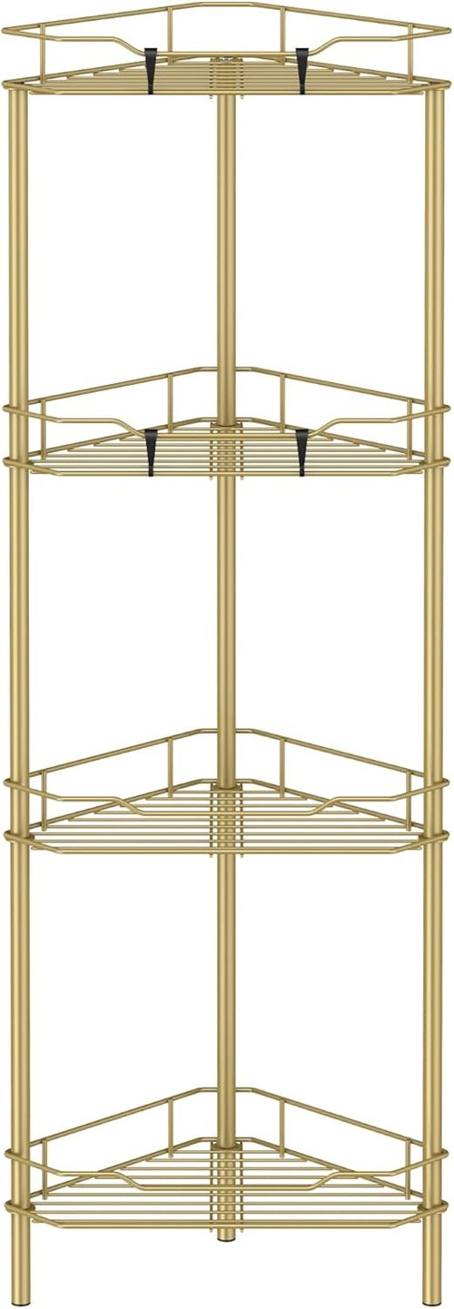 HuggieGems Corner Shower Caddy Organizer - 4 Tier Floor Stand with Hooks | Elegant Gold Finish