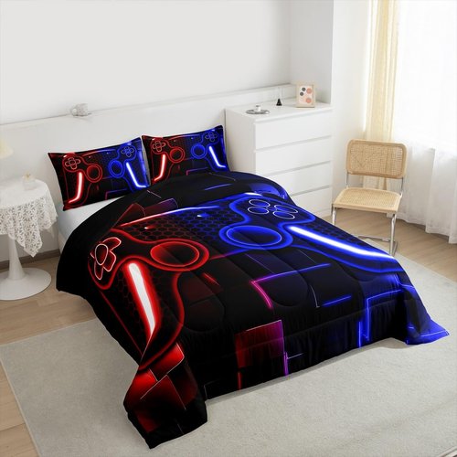 Erosebridal Gamer Comforter Set for Boys Bedding Set 2-Piece Game Console Comforter for Kids Girls Teen 3D Black Gamepad Gaming Bed Sets with Neon Check(Red Blue,Twin)