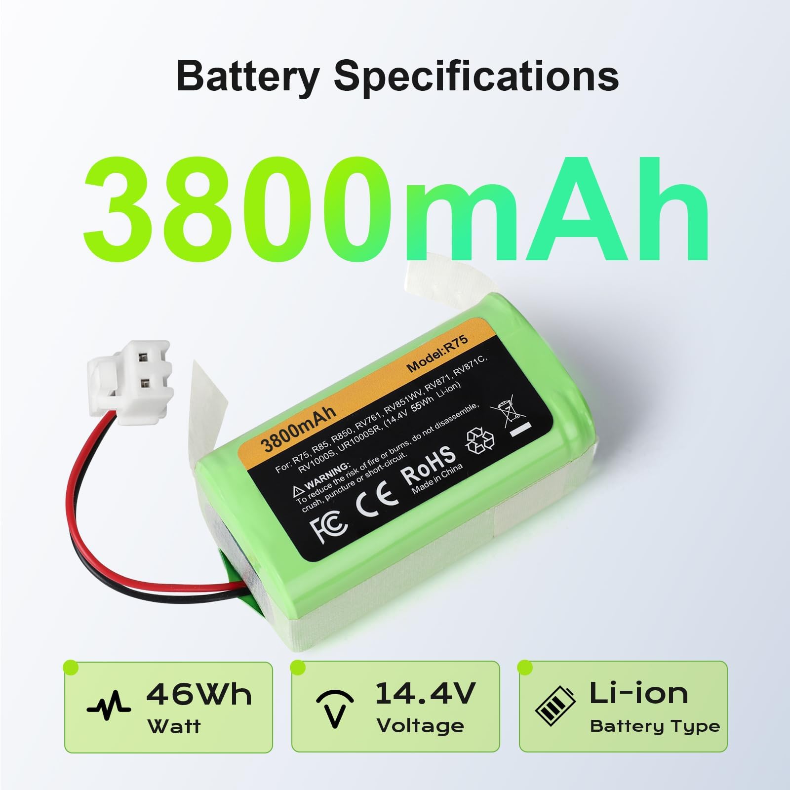 Topwowe Replacement RVBAT850 Battery (3800mAh, 2-Prong Connector) Compatible with Shark Ion R75, R85, RV761, RV850C, RV1000S, RV700_N, RV720_N, UR1000SR