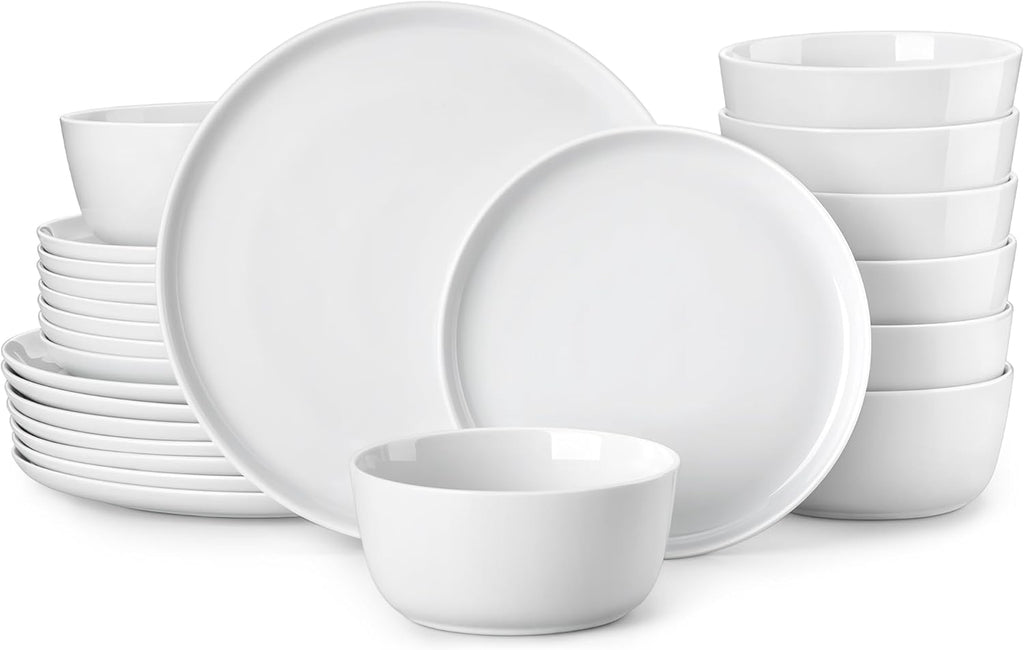 MALACASA 24-Piece Gourmet Porcelain Dinnerware Set | Premium Chip & Scratch Resistant Plates & Bowls for 8 - White, Series LEXI
