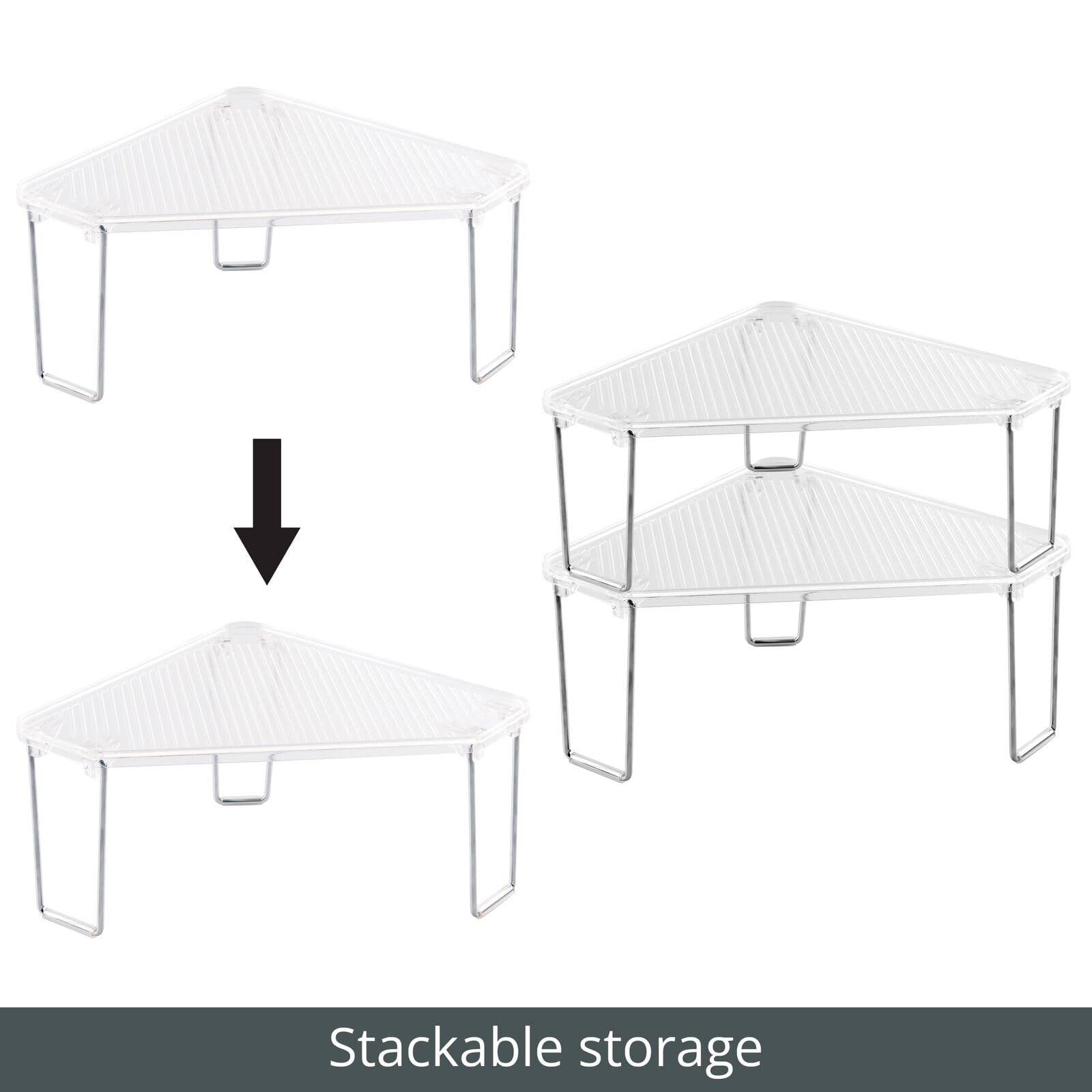 mDesign Plastic/Steel Corner Stackable Rack, Storage Organizer Shelf for Bathroom, Vanity, Countertop, Sink, Cabinet, Holds Makeup, Shower Accessories, Ligne Collection - 2 Pack - Clear