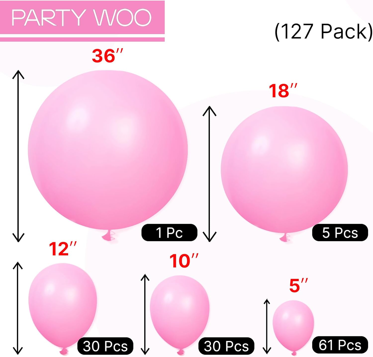 PartyWoo Pink Balloons Set - 127 Pcs in Various Sizes with Red & Black Heart Foil for Valentine's Day Decor