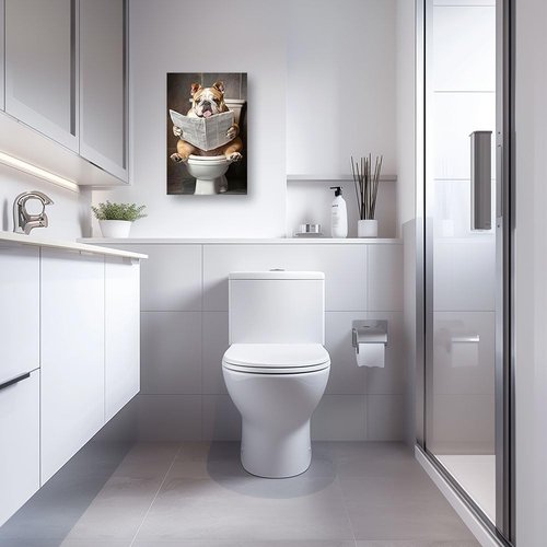 CCWACPP Bulldog Bathroom Wall Art - Funny Animal Canvas Print Reading Newspaper | Framed 12" x 18"