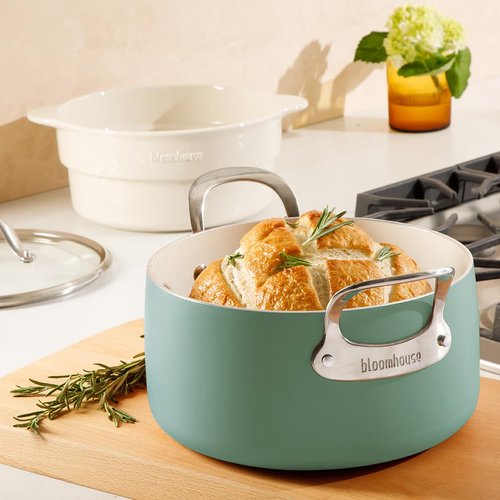 Bloomhouse 6-QT Heavy-Guage Aluminum Dutch Oven w/Non-Stick Non-Toxic Ceramic Interior and Ceramic Steamer Insert - Sage Green