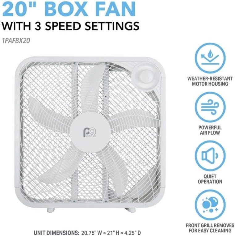 PerfectAire Box Fan - 20-Inch Height with 3 Speed Settings for Optimal Cooling