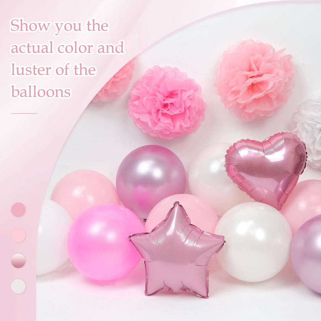 Pink Birthday Decorations with Pink Paper Pompoms Pearl White Balloons Banner Fringe Curtain for Birthday Decorations for Women