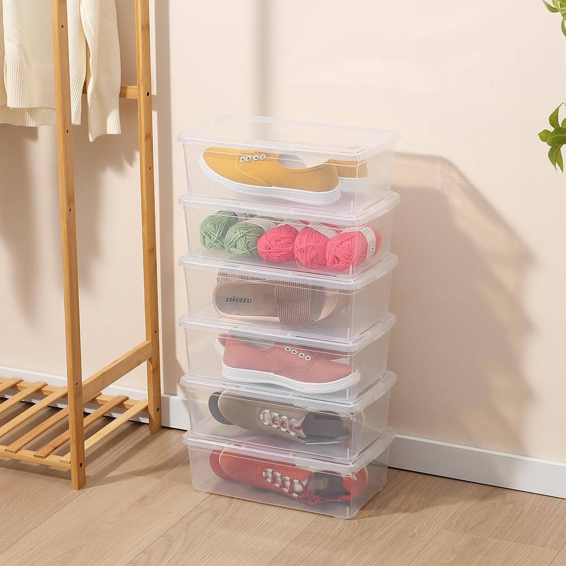 Skiennix 6Qt Shoe Storage Box - 12 Pack Stackable Plastic Organizer Bins with Lid for Shoes & Crafts