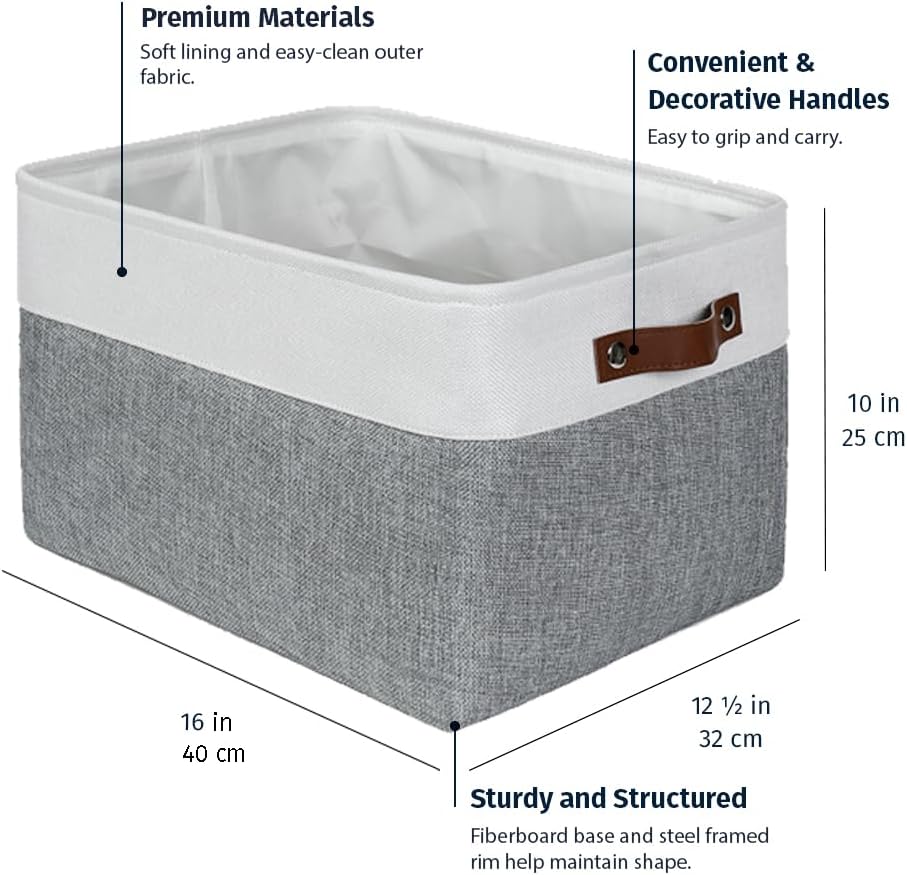 OrganiHaus Extra Large Fabric Storage Baskets - 3 Pack Canvas Organizers for Shelves | 16x13in Gray/Off-White